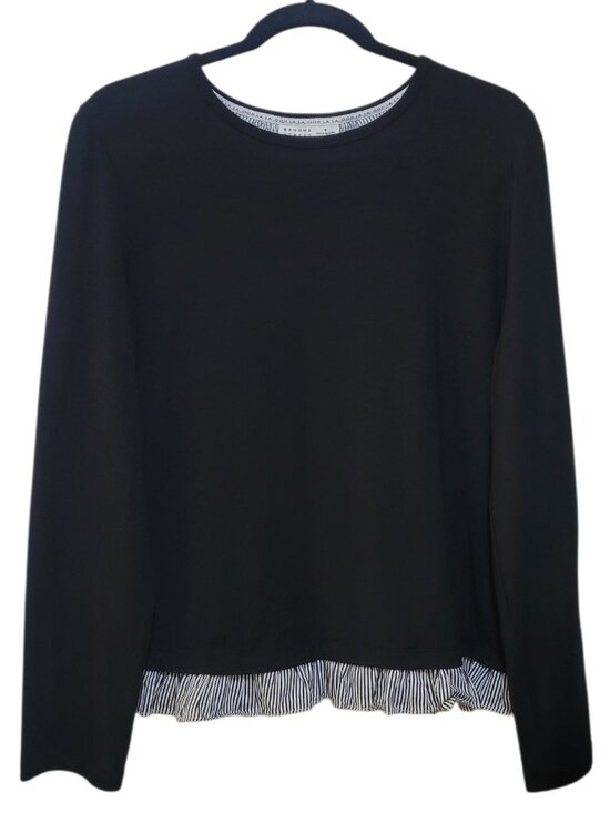 kate spade Tops - Kate Spade Broome Street Black Mixed Media Top Striped Ruffle Hem Large Coquette
